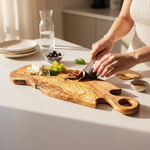 Handmade olive wood serving board with smooth polished surface round loop handle and organic live edge design