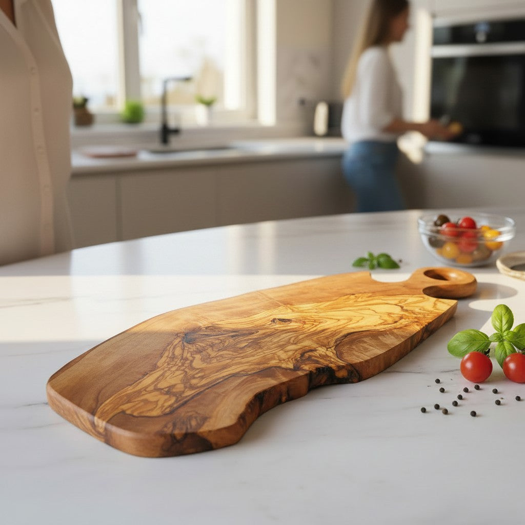 Handmade olive wood serving board with round loop handle rich warm brown finish and unique swirling grain patterns