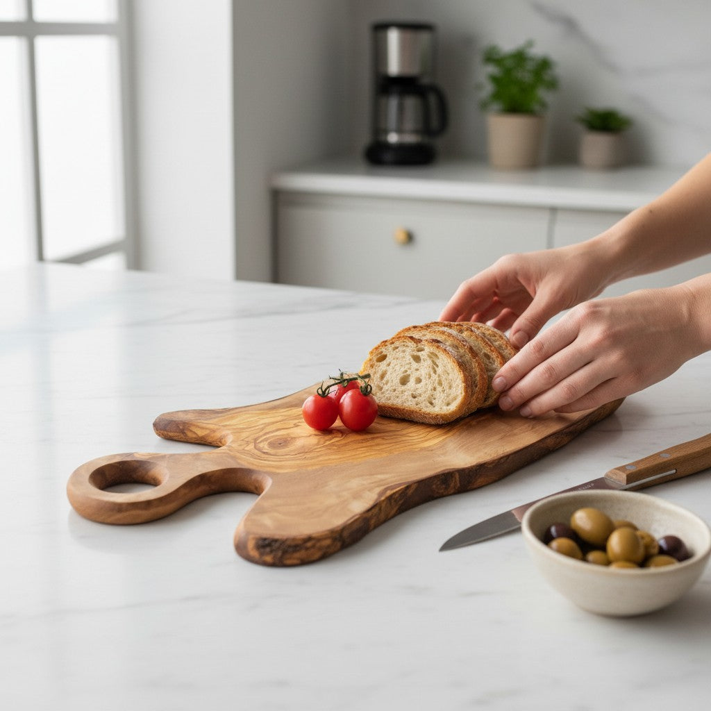 Handmade olive wood freeform serving board with round loop handle and live edge perfect for cheese and charcuterie