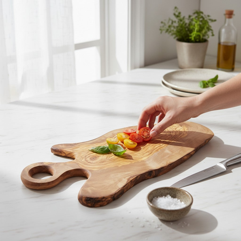Handmade olive wood cutting board with rustic grain and round loop handle perfect for cheese and charcuterie