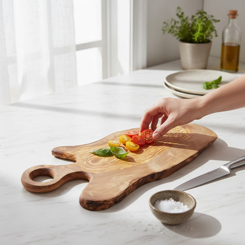 Handmade olive wood cutting board with rustic grain and round loop handle perfect for cheese and charcuterie