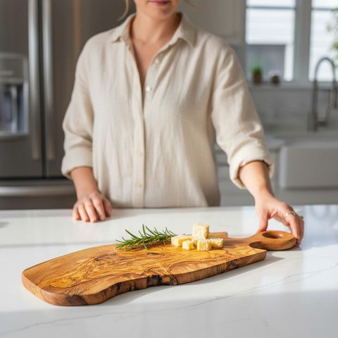 A rustic olive wood cutting board with natural live edge and round loop handle perfect for cheese and charcuterie