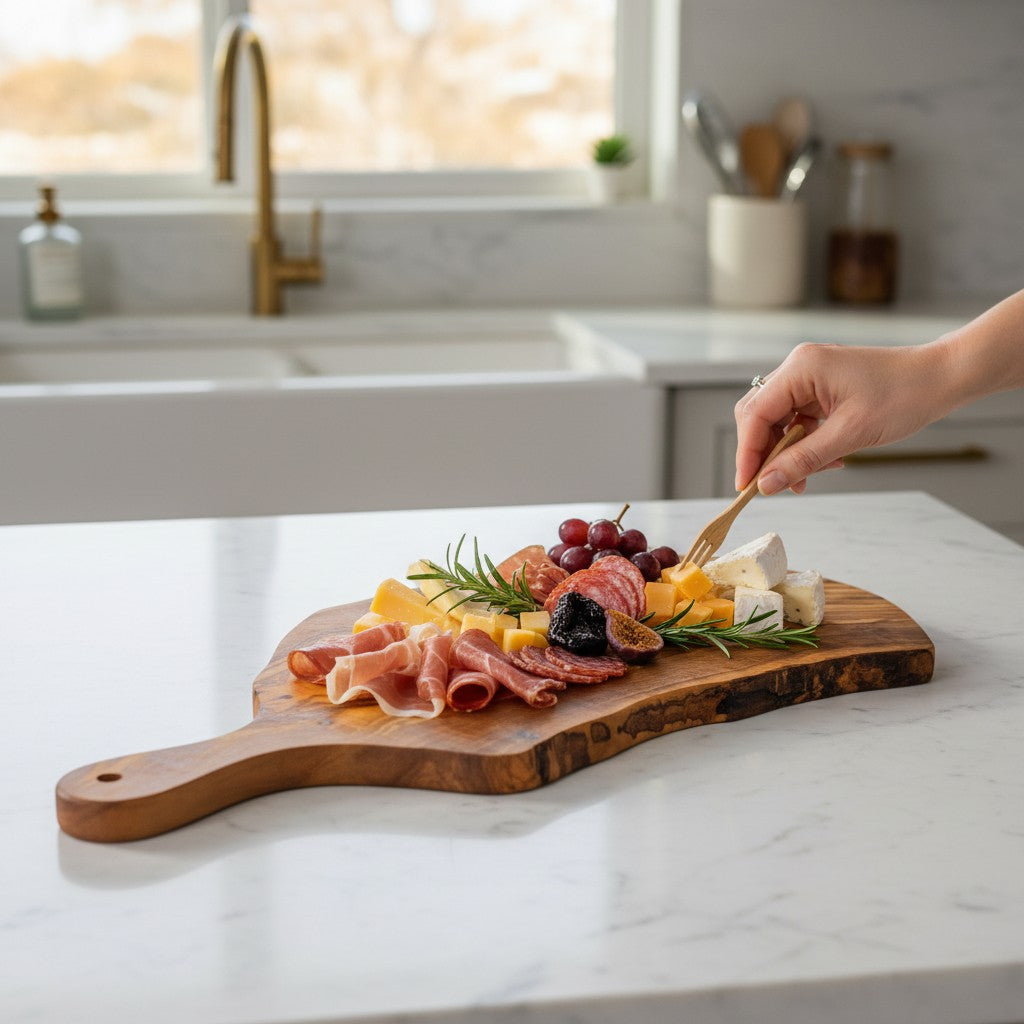 Handmade olive wood cutting board with live bark edge and handle perfect for rustic charcuterie and fruit serving