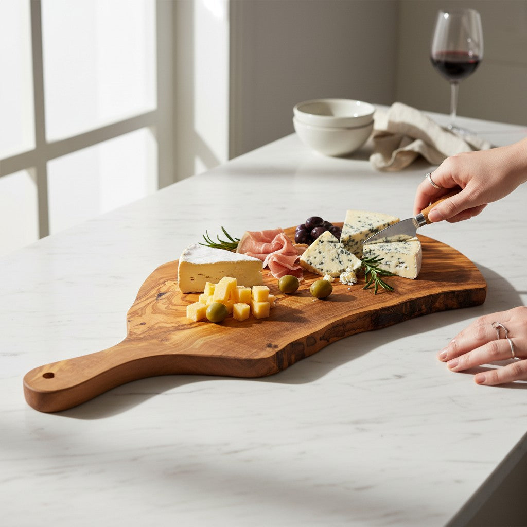 Handmade olive wood cheese board with live bark edge and natural rustic finish perfect for charcuterie serving