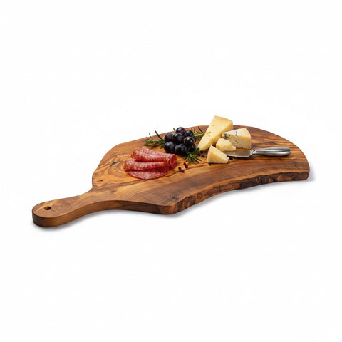 Handmade olive wood paddle board with live bark edge and natural grain for rustic charcuterie and fruit serving