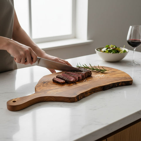 Rustic olive wood cutting board with live bark edge and sturdy handle perfect for charcuterie or fruit serving