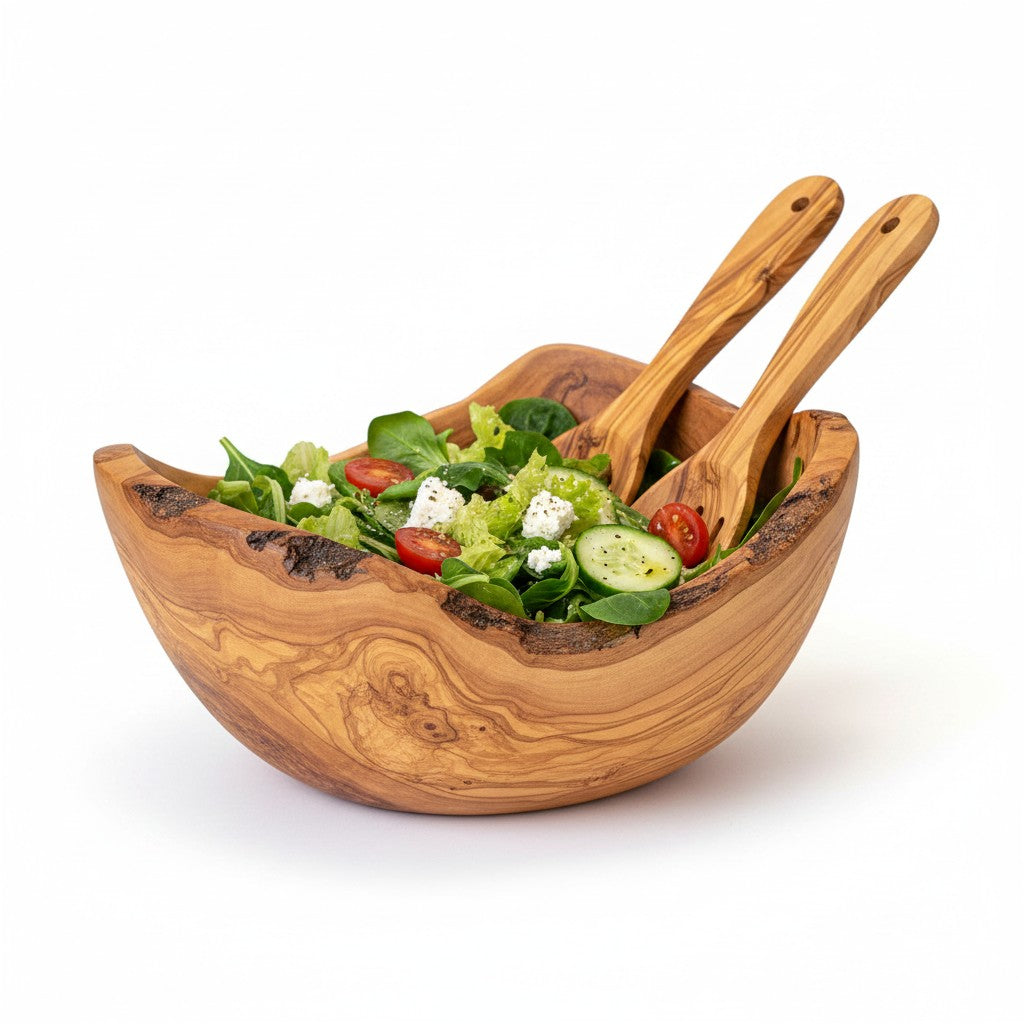 Handmade olive wood salad bowl with natural bark edge deep golden brown finish perfect for serving or mixing within working days