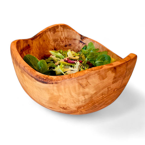 Handcrafted olive wood salad bowl with natural bark edge and rustic finish perfect for serving and mixing in working days