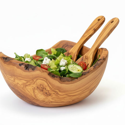 Handcrafted olive wood salad bowl with natural bark edge and two matching wooden serving spoons for everyday use