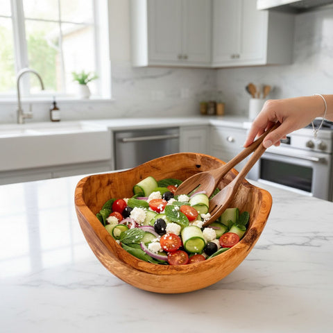 Handmade olive wood salad bowl with natural bark edge filled with vibrant greek salad ready in working days