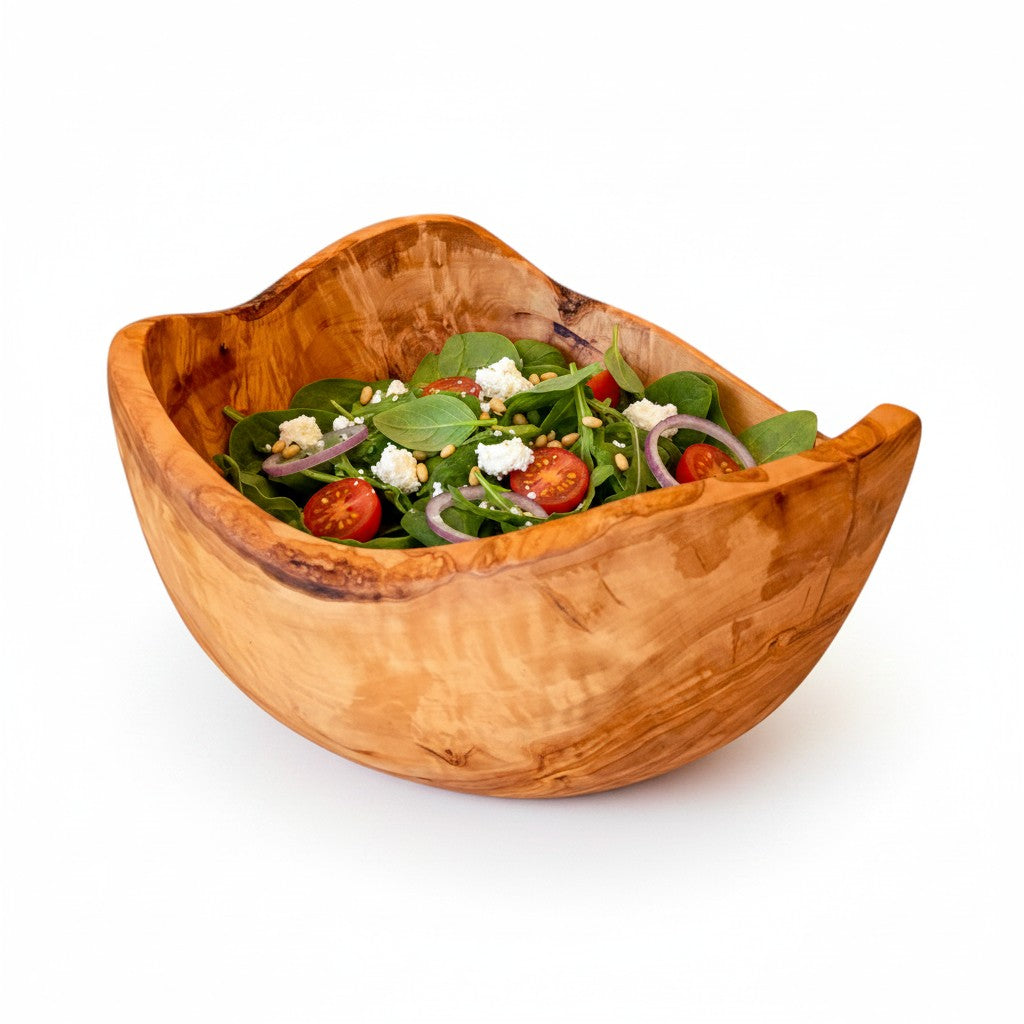 Handmade olive wood live edge salad bowl with natural bark edge and rustic finish perfect for mixing and serving in working days