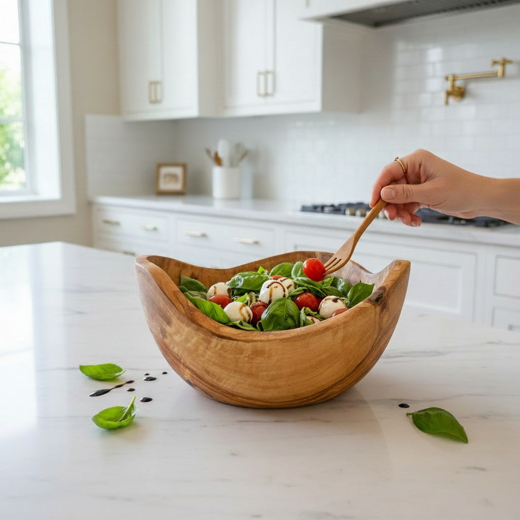 A rustic light brown olive wood salad bowl with smooth handcrafted finish and unique natural bark edge holding fresh greens and cherry tomatoes