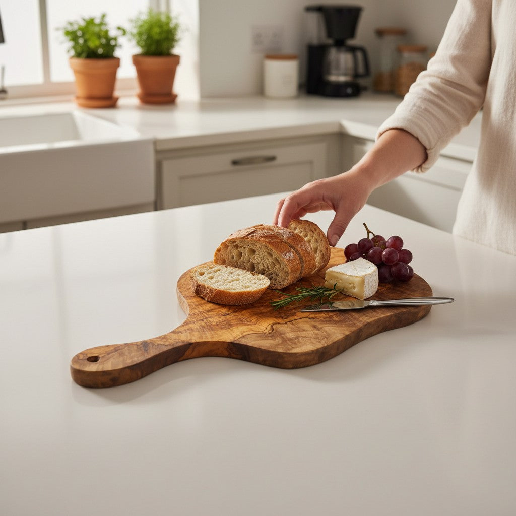 A handmade round freeform olive wood cutting board with bold natural grain and a long handle perfect for serving cheese
