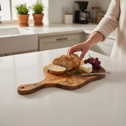 A handmade round freeform olive wood cutting board with bold natural grain and a long handle perfect for serving cheese