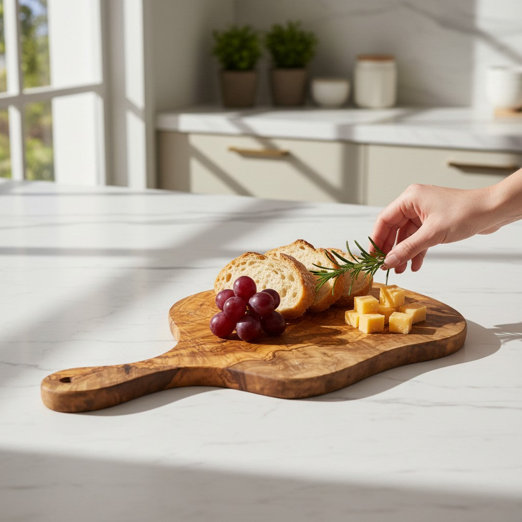 A rustic round freeform olive wood cutting board with a natural finish and elegant handle for serving cheese and antipasti