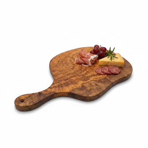 Handcrafted round freeform olive wood cutting board with natural rustic finish and bold grain for cheese and antipasti serving
