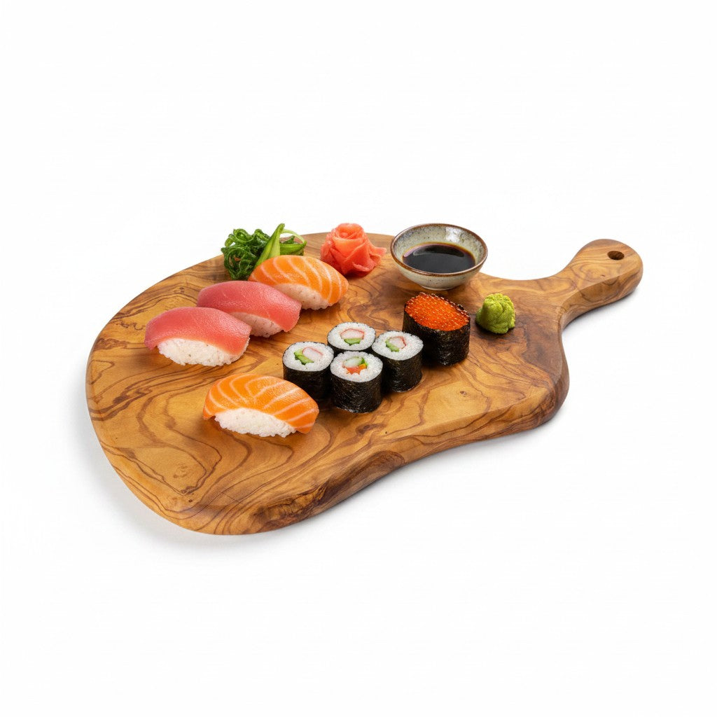 Handmade round freeform olive wood charcuterie board with bold natural grain and handle ready in working days