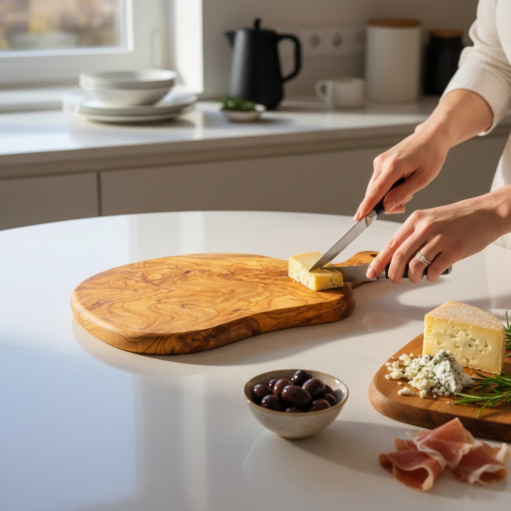 Handmade olive wood round freeform charcuterie board with natural swirling grain and handle for serving cheese and antipasti
