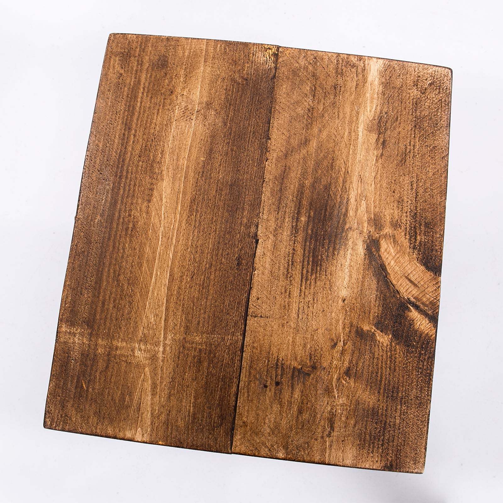 Rustic brown handmade solid wooden cutting board with visible grain for solid wooden stool with steel legs