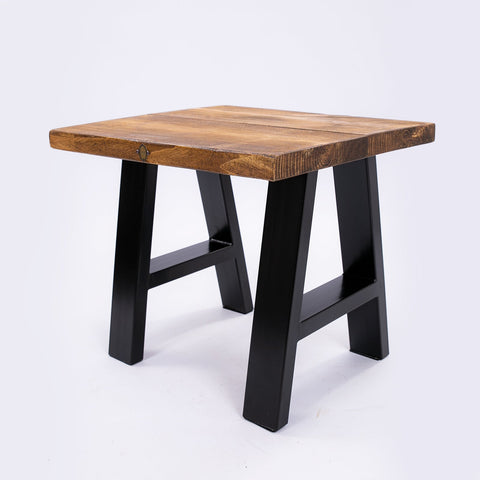 Rustic handmade solid wooden stool with square top and black steel a-frame legs for sturdy seating