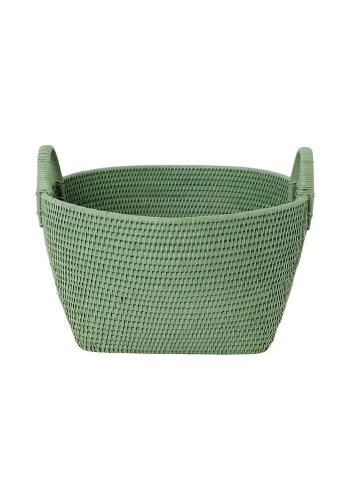 A sage green handy handwoven rattan basket with two integrated handles perfect for storage and organization