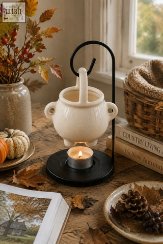 Cream-colored ceramic oil diffuser with black metal stand and handles perfect for pumpkin spiced wax melts use