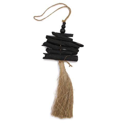 Black driftwood slice ornament with natural twine tassel and beaded hanging loop hanging driftwood tassel 42cm