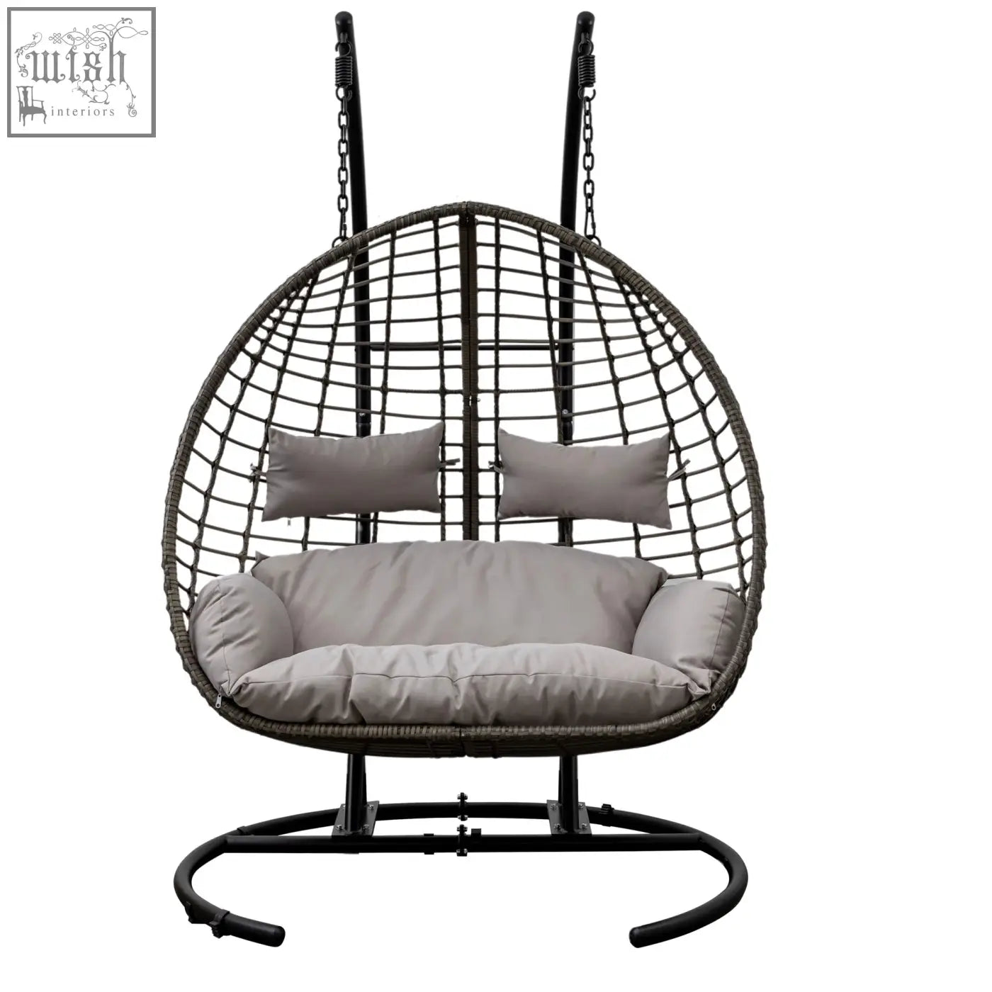 Black woven wicker hanging swing egg with gray cushions and pillows on power coated steel frame swing egg sofa