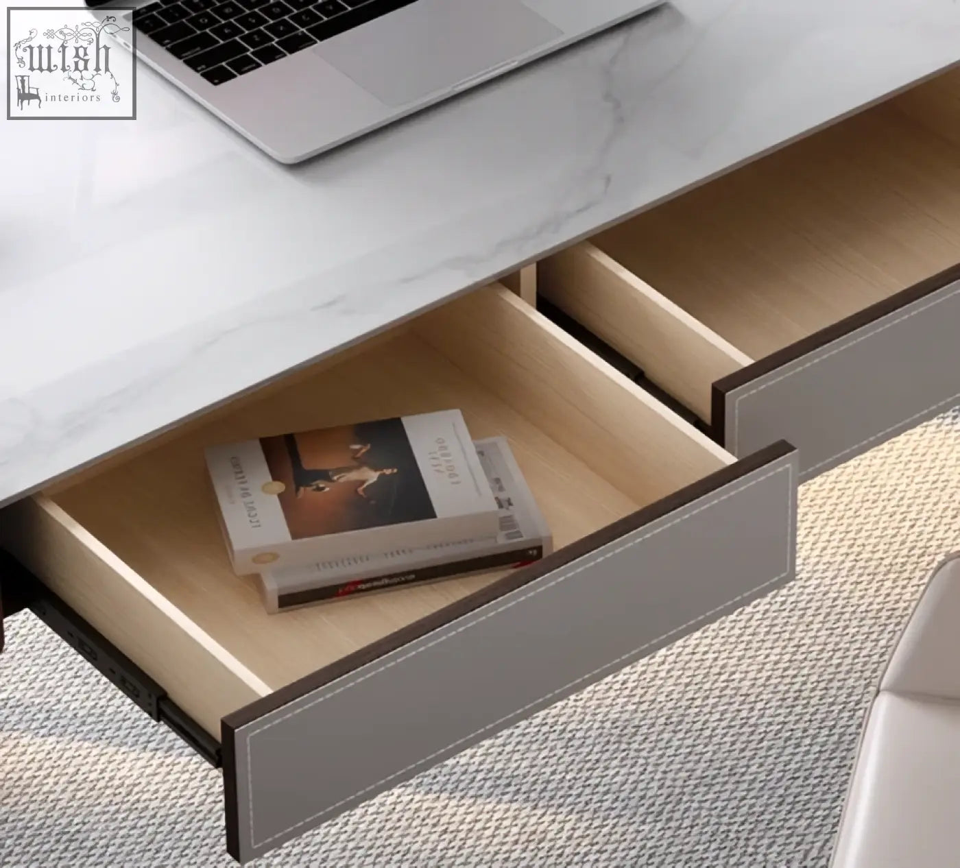 Gray drawer of hank office desk with sleek minimalist design and light wood interior for home office use