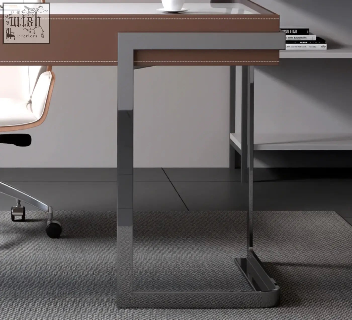 Modern hank office desk with brown leather top and sleek chrome legs perfect for a stylish home office desk
