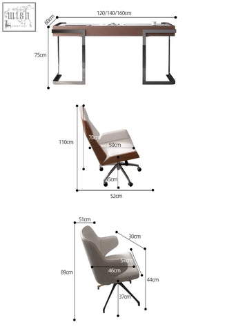 Modern ergonomic office chair with brown and white leather upholstery paired with hank office desk for home office setup