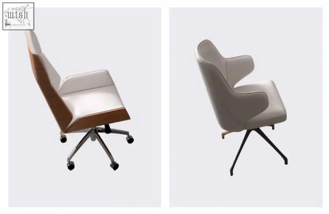 Modern ergonomic office chair with brown and white leather upholstery paired with hank office desk for home office use