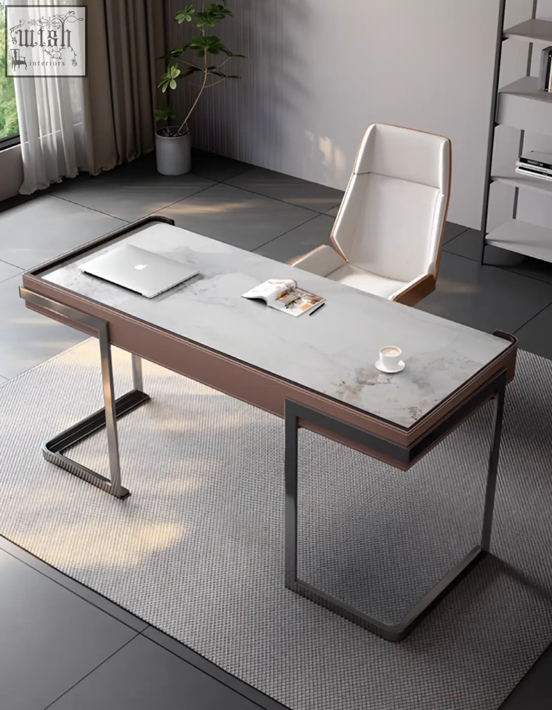 Modern minimalist hank office desk with marble top and bronze metal legs perfect for home office desk setup