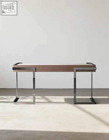 Modern minimalist hank office desk with sleek brown wooden top and chrome legs ideal for home office desk setup