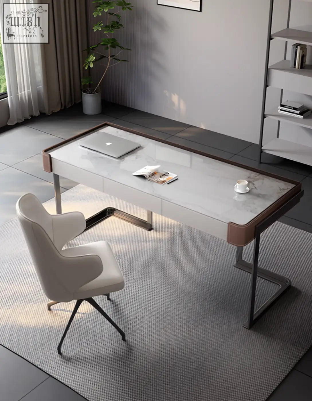 Modern minimalist hank office desk with sleek marble top dark wood frame and metal legs ideal for home office desk