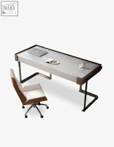 Modern minimalist hank office desk with silver marble sintered stone top and leather edges for stylish home office