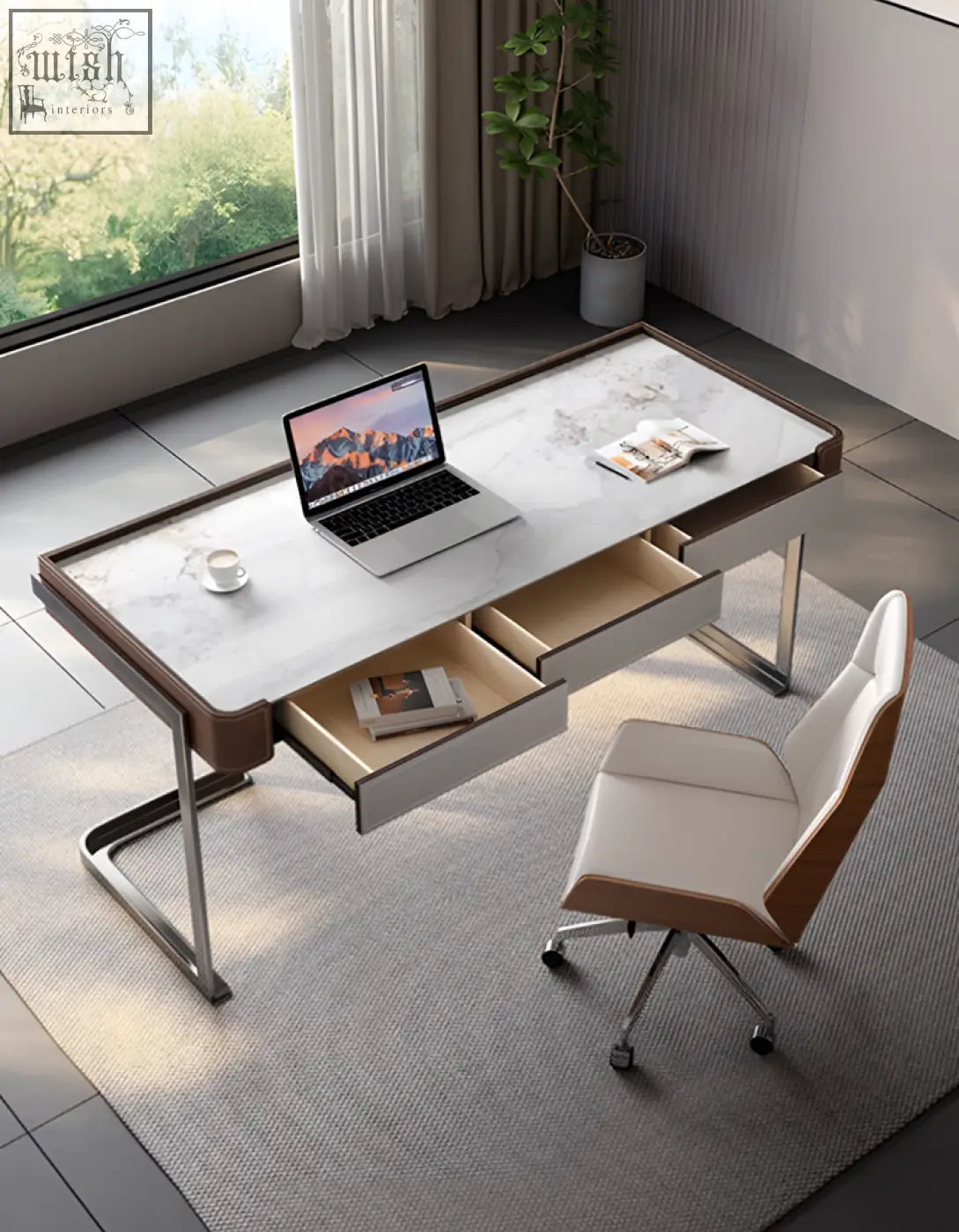 Modern minimalist hank office desk with white marble top, brown leather edges, and chrome legs for home office use