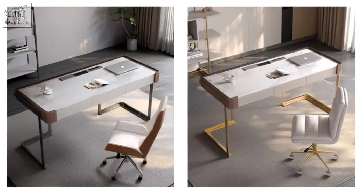 Modern minimalist hank office desk with white marble top and sleek metal legs perfect for home office desk use