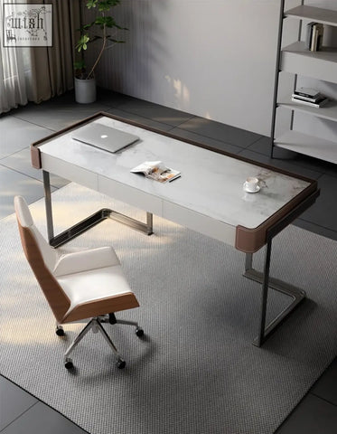 Modern minimalist hank office desk with white marble top brown leather trim and sleek metal legs for home office use