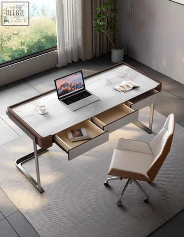 Modern minimalist hank office desk with white marble top brown leather trim and chrome legs for home office use