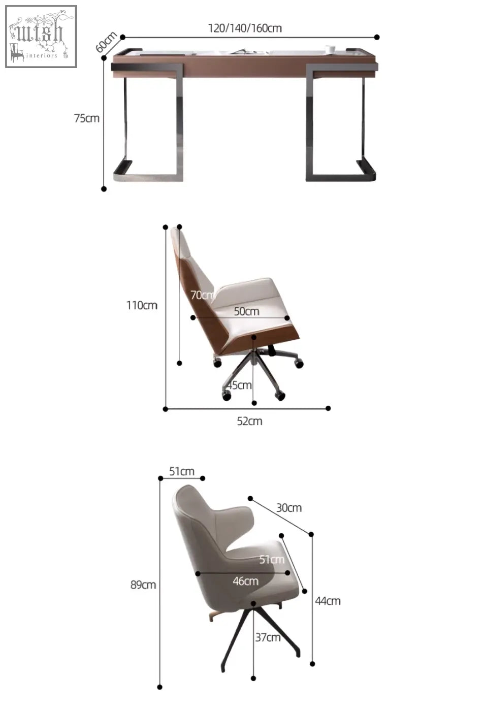 Modern home office desk with sleek metallic legs, warm wood top, and two ergonomic beige and gray chairs, hank office desk