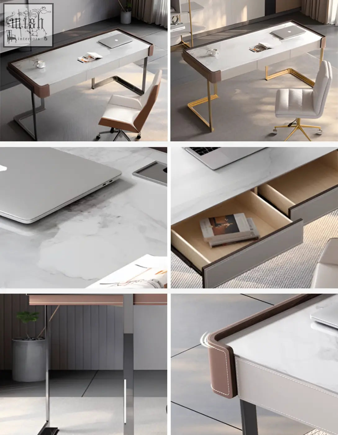Modern white marble-top office desk with gold and brown leather-trimmed legs perfect for your home office desk