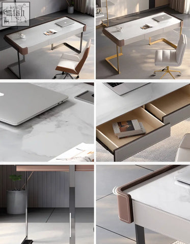 Modern white marble-top office desk with gold and brown leather-trimmed legs perfect for your home office desk