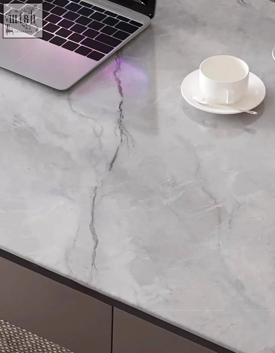 Gray marble sintered stone countertop with subtle veining and polished finish on hanna office desk for sleek workspace