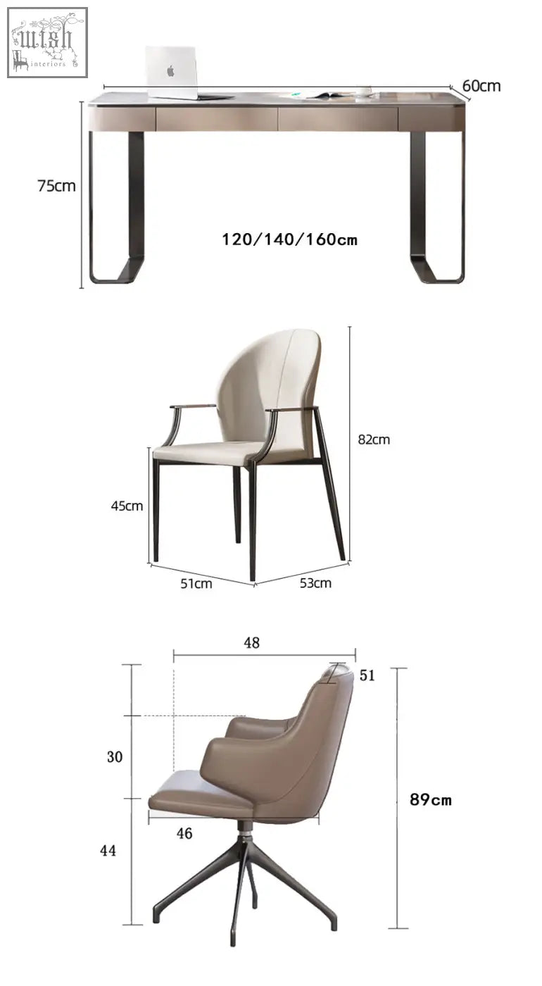 Modern beige leather office chair with black metal frame beside hanna office desk with sintered stone surface