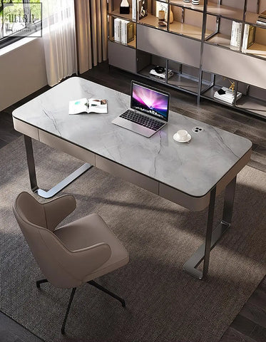Modern gray marble-effect hanna office desk with sleek metal legs and integrated drawers made of sintered stone