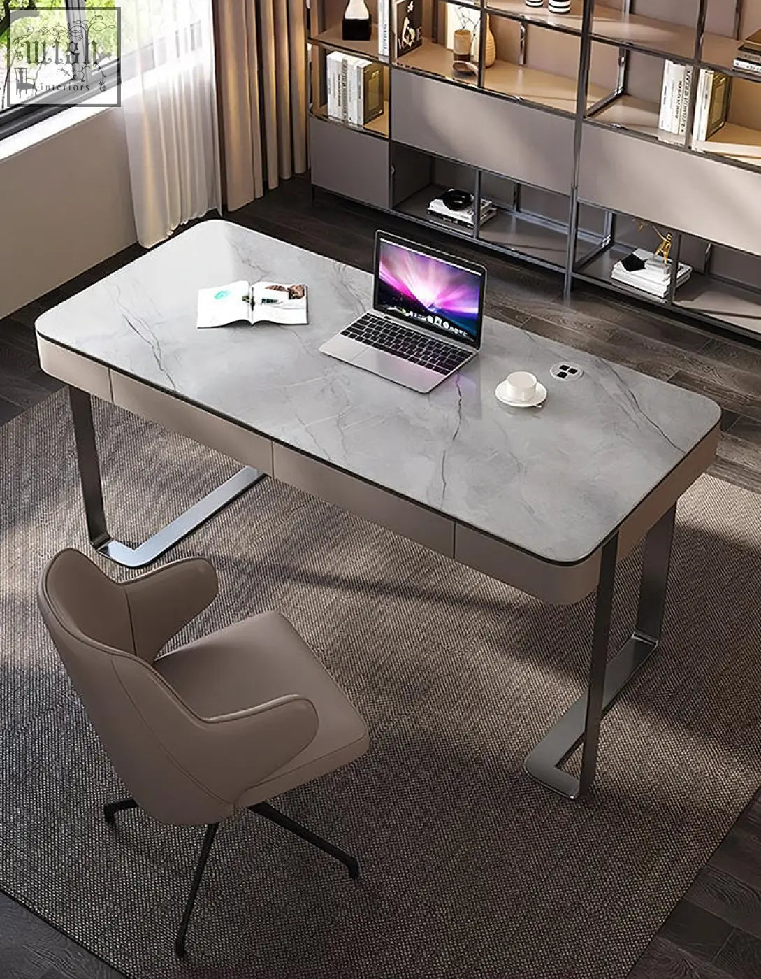 Modern gray marble effect office desk with sleek metal legs and integrated drawers for a functional office desk