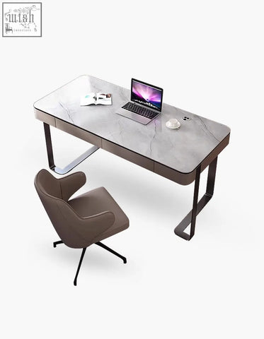 Modern gray marble top hanna office desk with sleek black metal legs and sintered stone integrated drawers