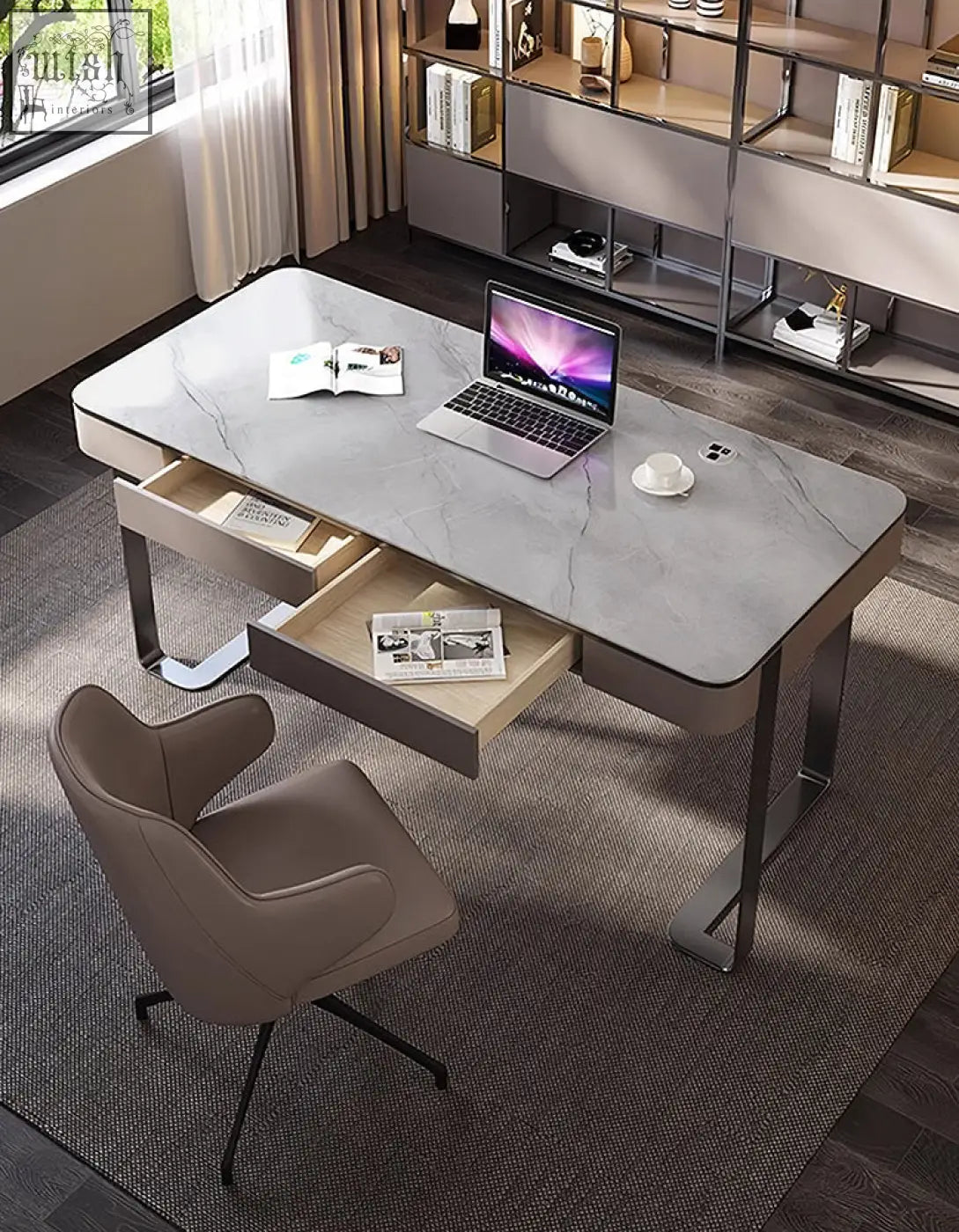Modern gray marble top office desk with sleek metal legs and two open drawers functional office desk design
