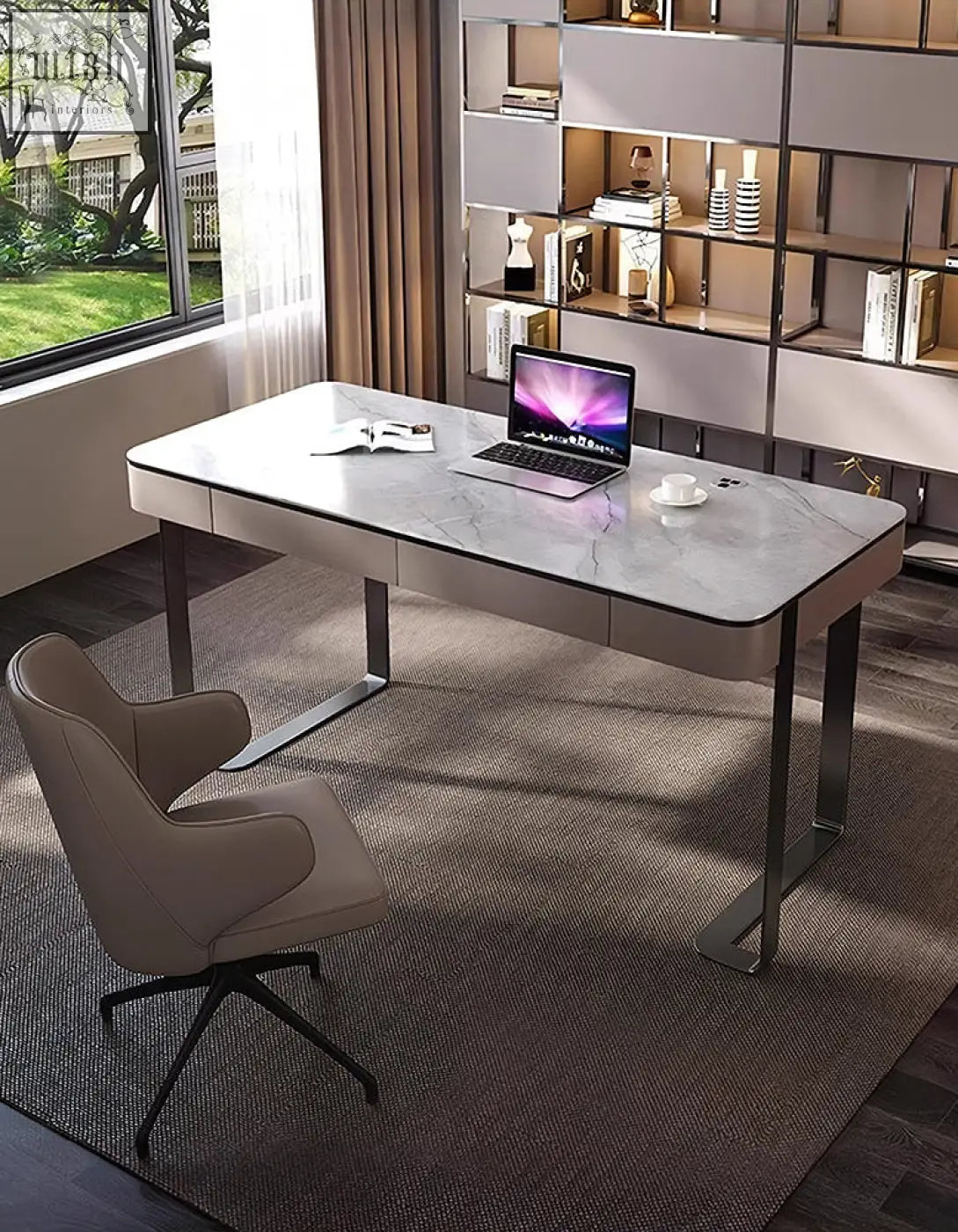 Modern marble-top office desk with sleek metal legs and integrated drawers functional office desk design